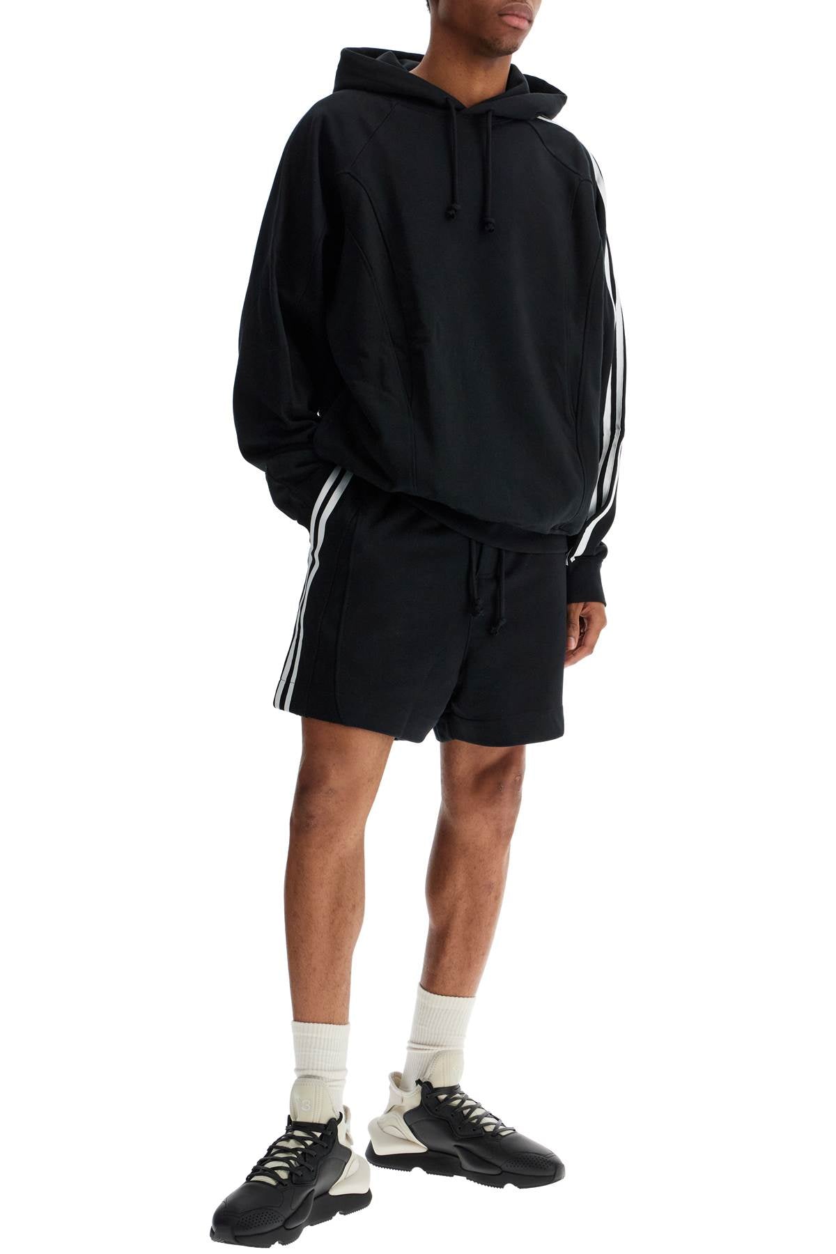Y-3 black cotton and recycled polyester hoodie with white raglan stripes