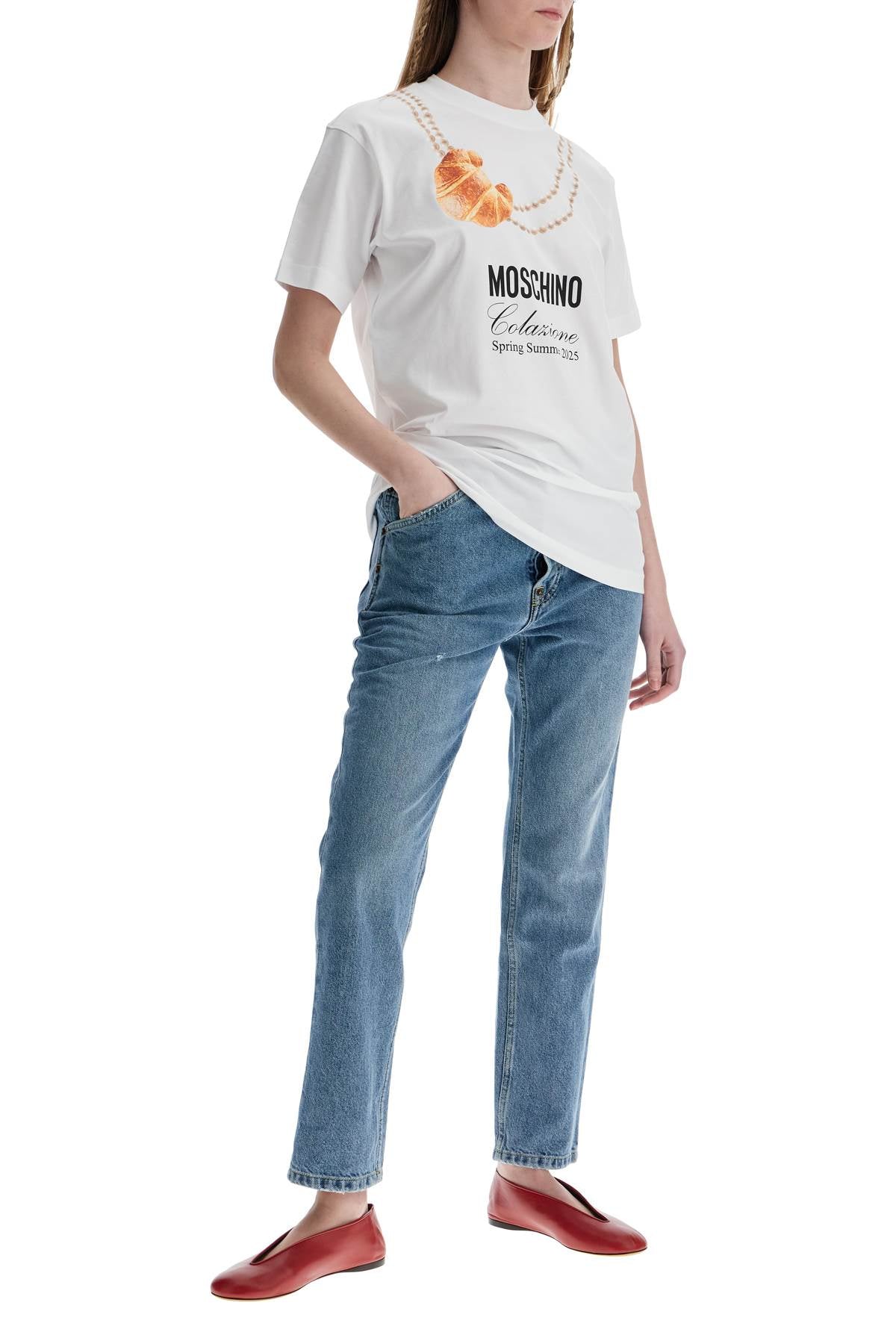 MOSCHINO white cotton t-shirt with croissant and pearls print