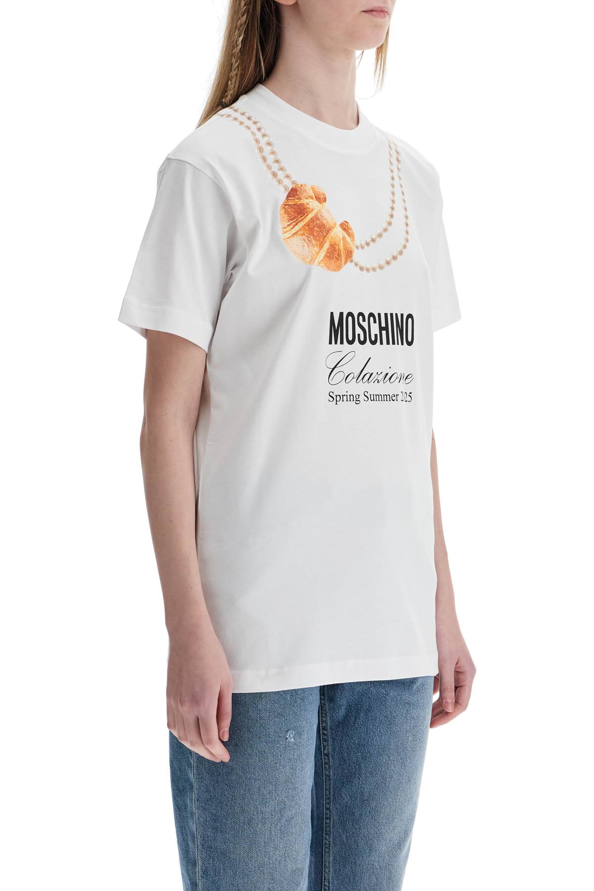 MOSCHINO white cotton t-shirt with croissant and pearls print