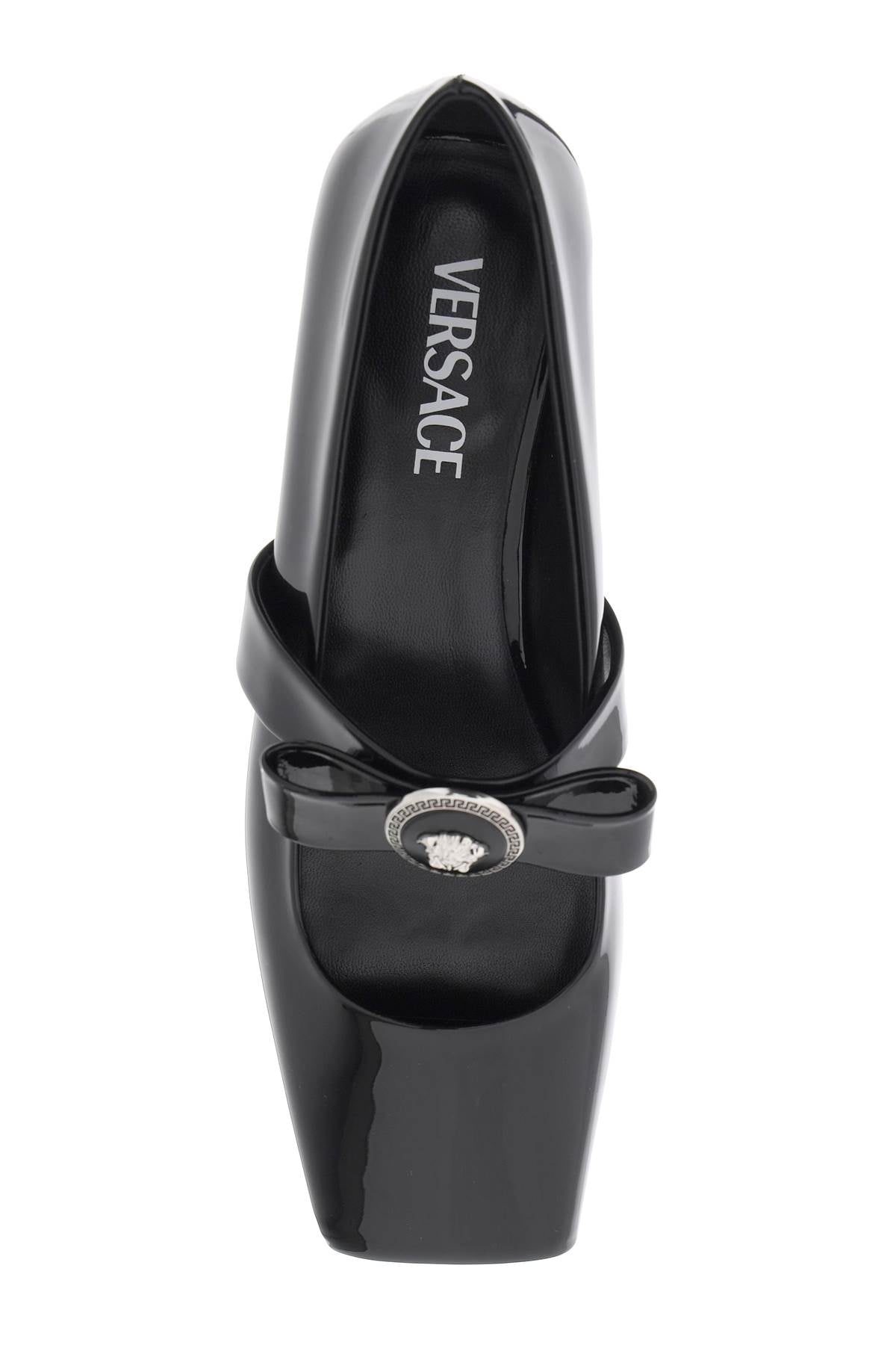 VERSACE open-toe ballet flats in gianni ribbon