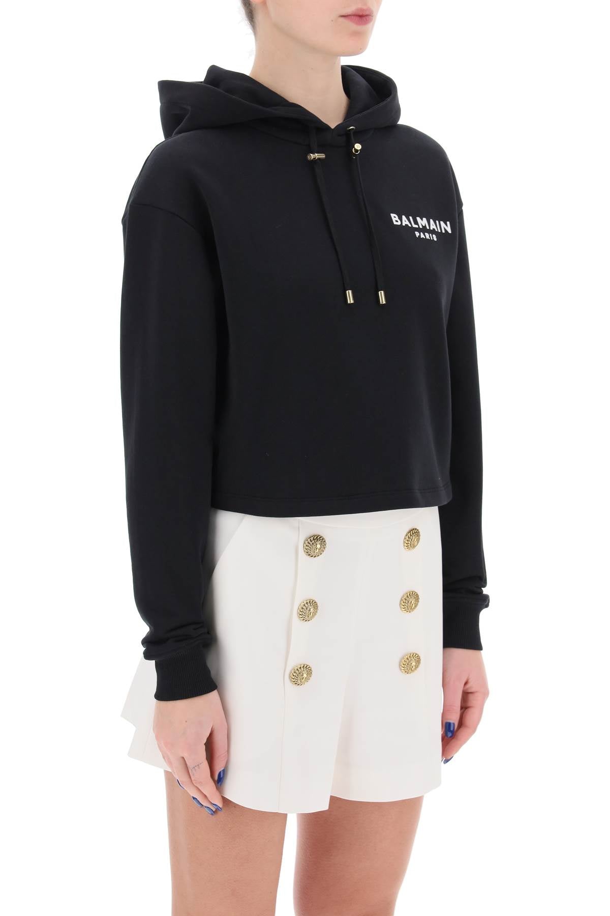 BALMAIN cropped hoodie with flocked logo