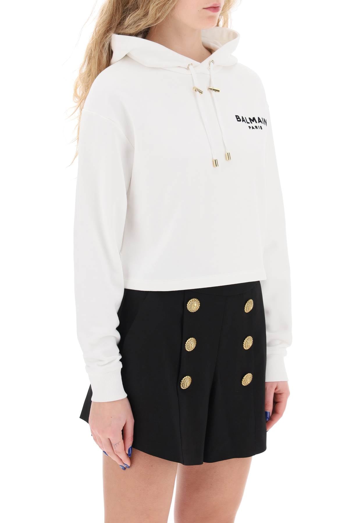 BALMAIN cropped hoodie with flocked logo