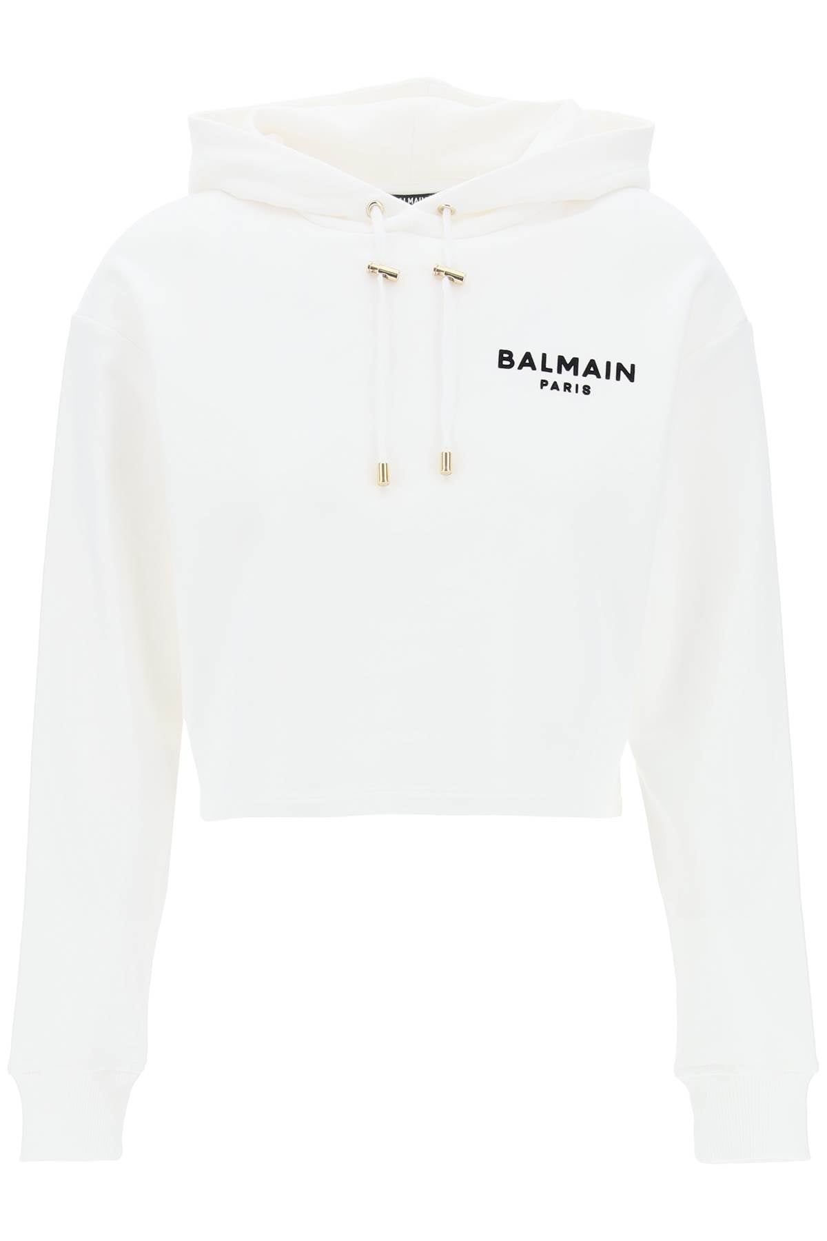 BALMAIN cropped hoodie with flocked logo